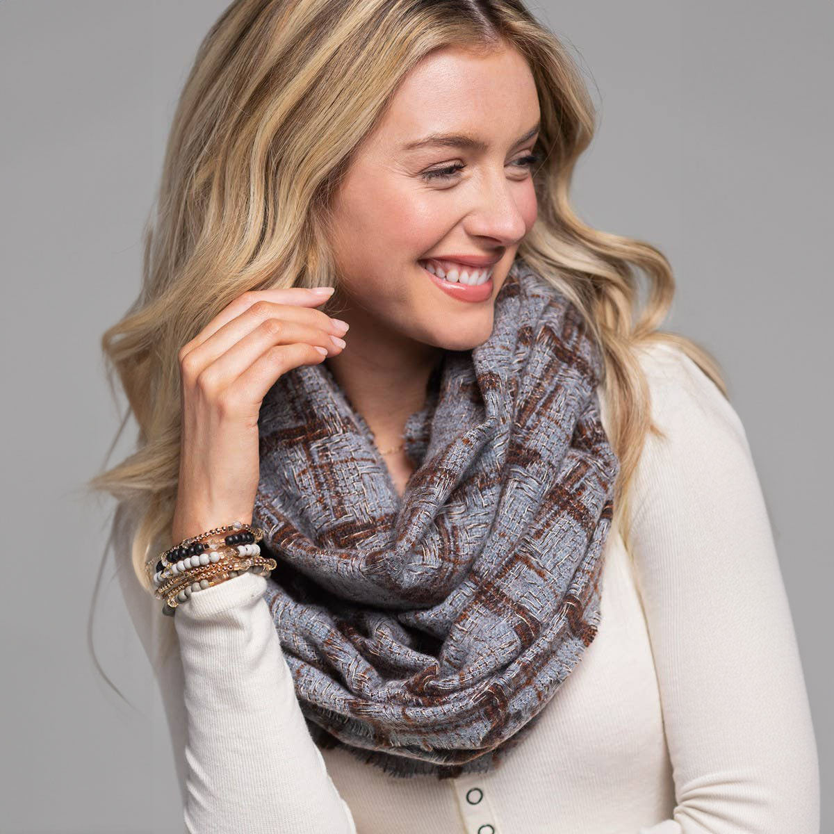 Soft Plaid Check Infinity Scarf Blue Grey - SKRF