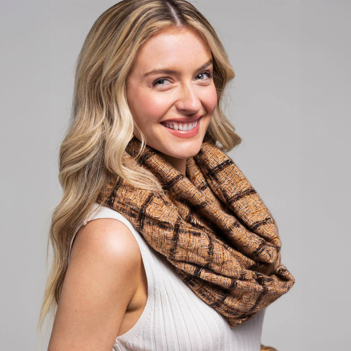 Soft Plaid Check Infinity Scarf Taupe - SKRF