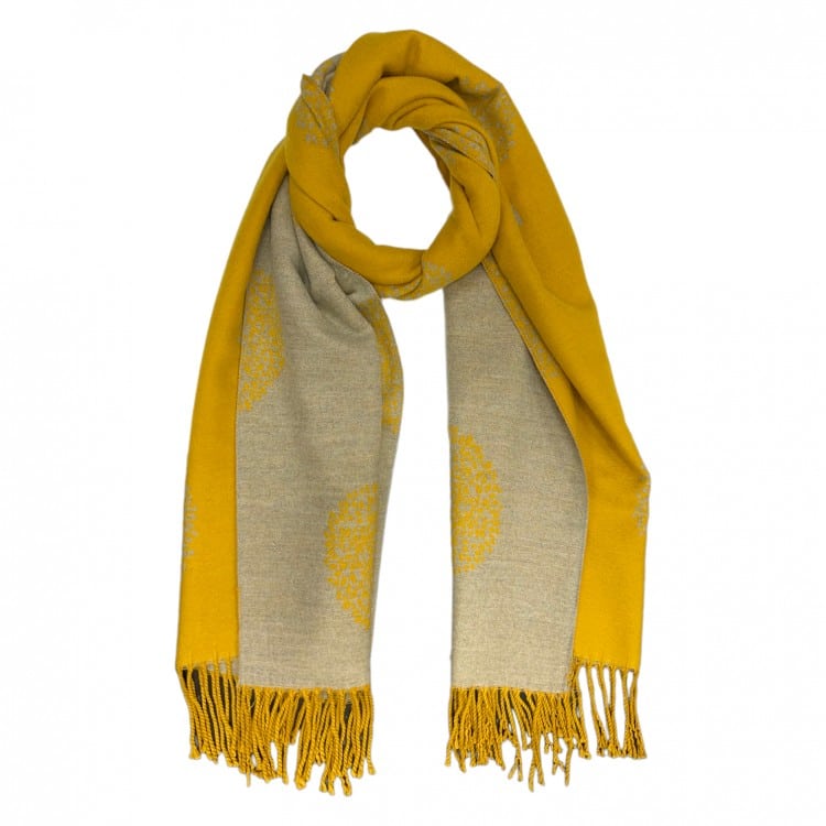 Tree Print Reversible Cashmere Mix Winter Scarf Mustard Yellow - SKRF