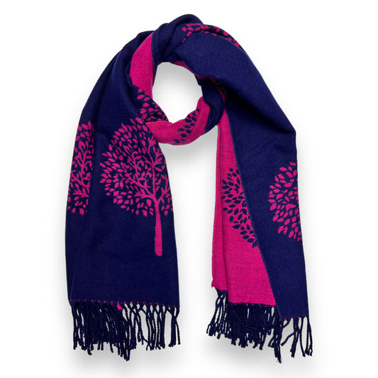 Tree Print Reversible Cashmere Mix Winter Scarf Pink Dark Blue - SKRF