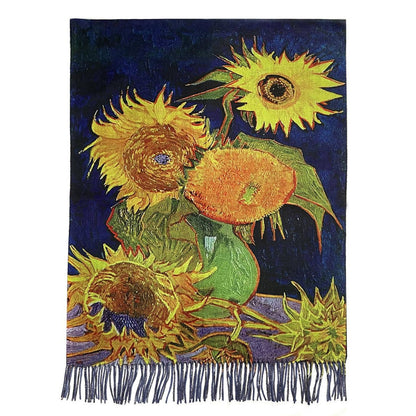 Van Gogh 'Six Sunflowers' Print Navy Wool Mix Tassel Scarf - SKRF