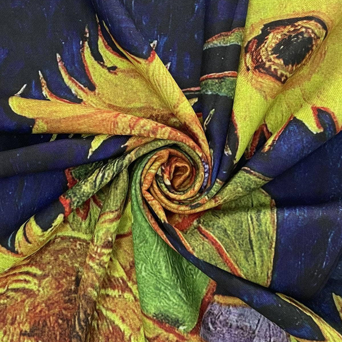 Van Gogh 'Six Sunflowers' Print Navy Wool Mix Tassel Scarf - SKRF