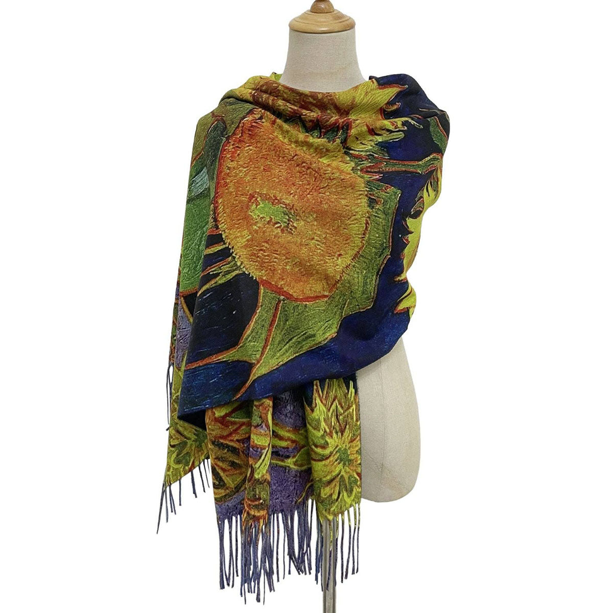 Van Gogh 'Six Sunflowers' Print Navy Wool Mix Tassel Scarf - SKRF