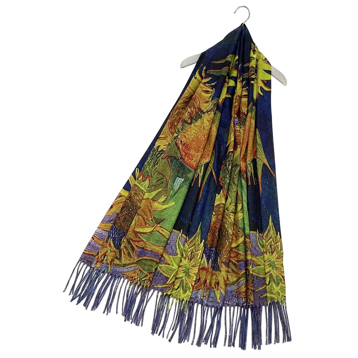 Van Gogh 'Six Sunflowers' Print Navy Wool Mix Tassel Scarf - SKRF