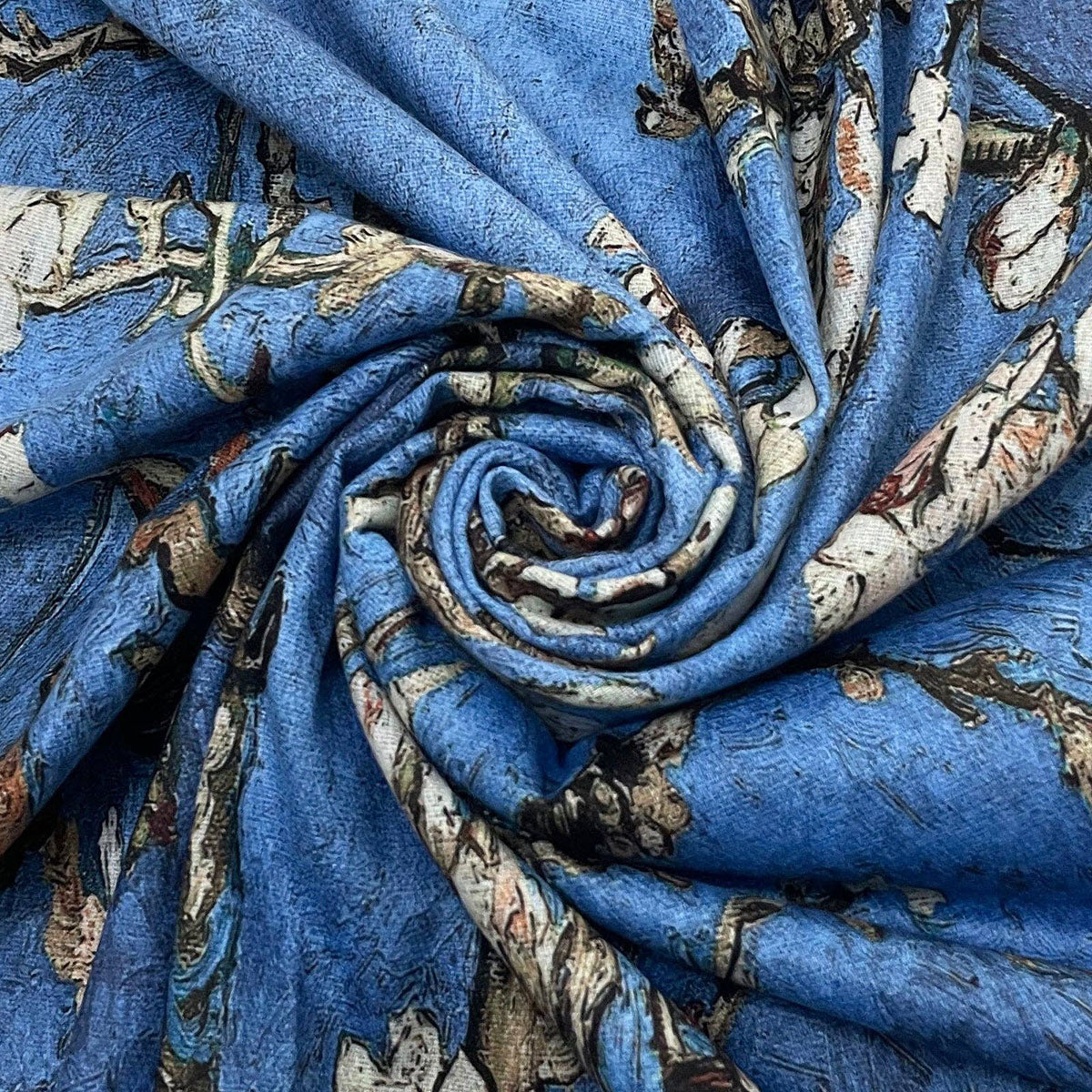 Van Gogh Style Blue Almond Blossom Wool Mix Tassel Scarf - SKRF