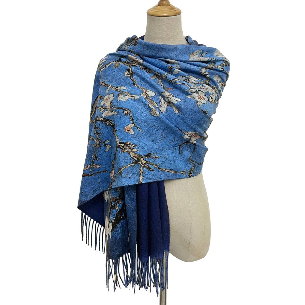 Van Gogh Style Blue Almond Blossom Wool Mix Tassel Scarf - SKRF