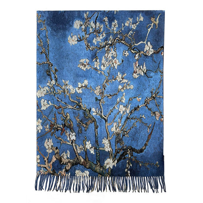 Van Gogh Style Blue Almond Blossom Wool Mix Tassel Scarf - SKRF