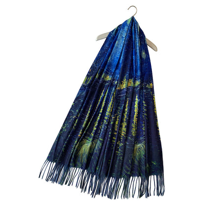 Van Gogh Style Blue Starry Over The Rhone Wool Mix Tassel Scarf - SKRF