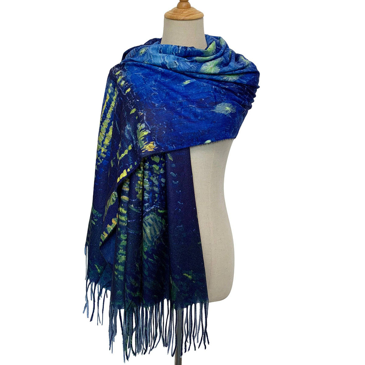 Van Gogh Style Blue Starry Over The Rhone Wool Mix Tassel Scarf - SKRF