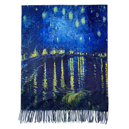 Van Gogh Style Blue Starry Over The Rhone Wool Mix Tassel Scarf - SKRF