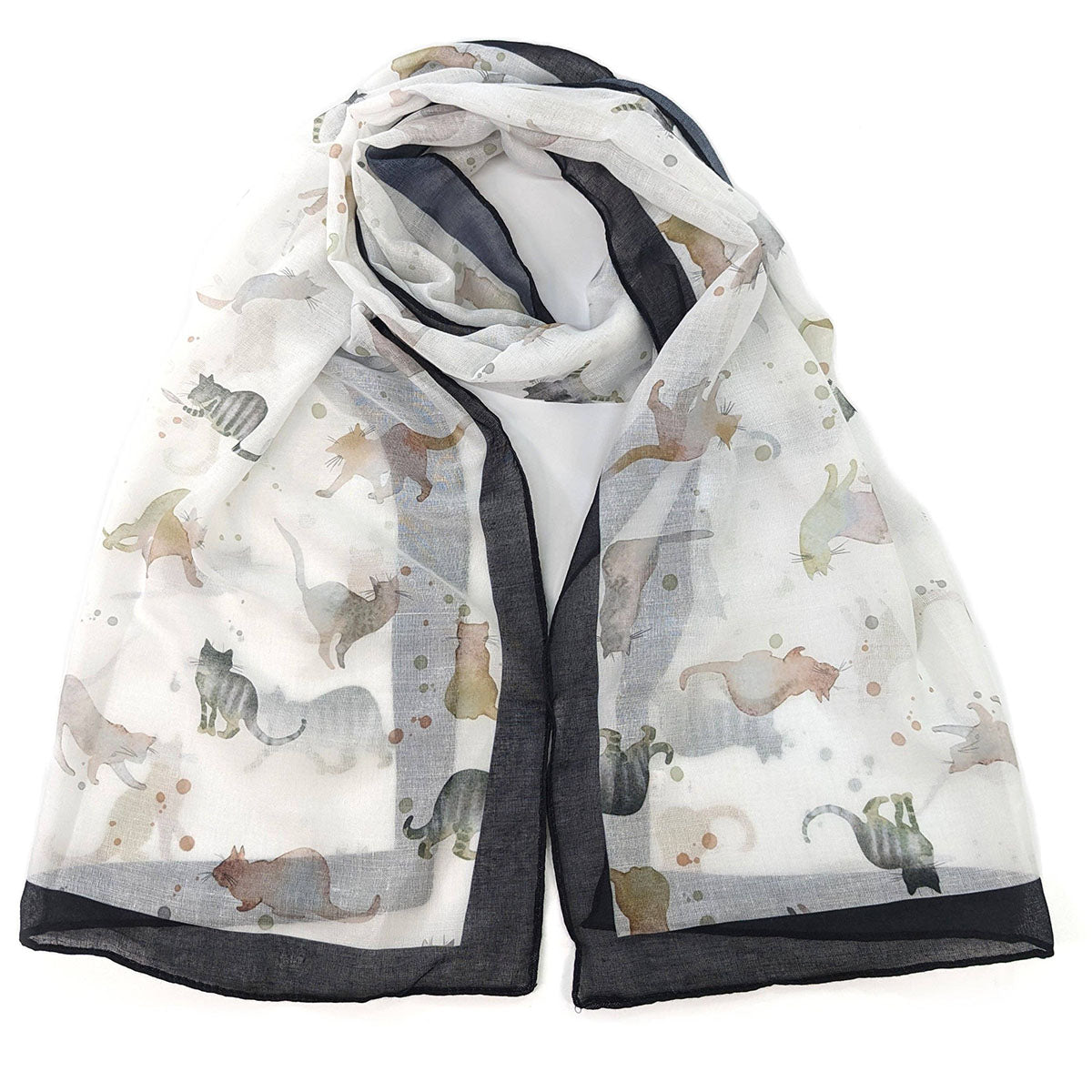 Watercolour Cat Print Black Edged Scarf - SKRF