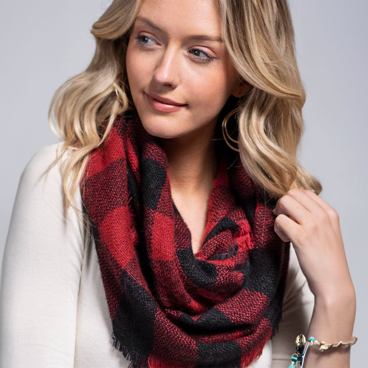 Woven Buffalo Checkered Infinity Scarf Red Black - SKRF