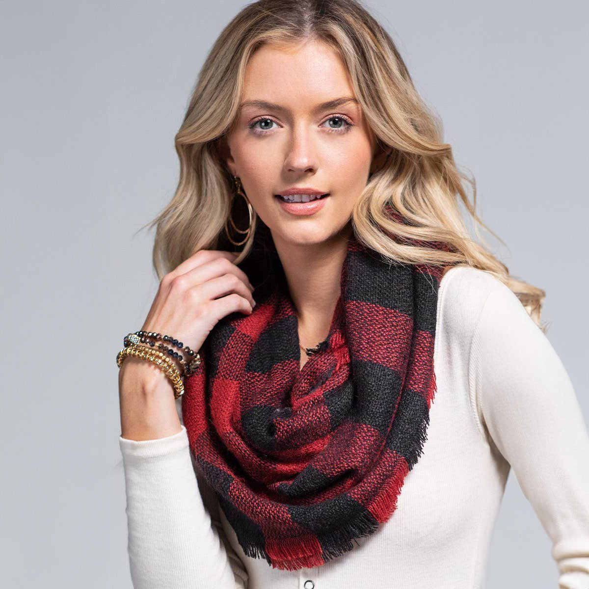 Woven Buffalo Checkered Infinity Scarf Red Black - SKRF